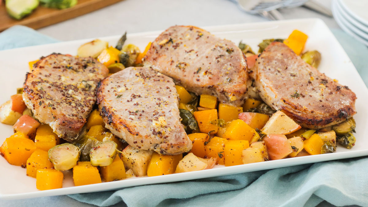 Maple Glazed Pork Chops With Apples Butternut Squash And Brussels Sprouts